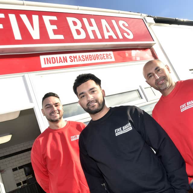 (l-r) Owners George Purnell, Kiron Chowdhury and Kas Miah have opened Five Bhais, an Indian smashburgers takeaway in London Road, Cowplain.
