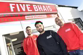 (l-r) Owners George Purnell, Kiron Chowdhury and Kas Miah have opened Five Bhais, an Indian smashburgers takeaway in London Road, Cowplain.