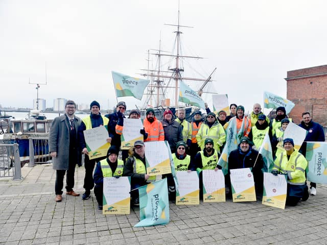 Dockyard workers who work for Serco Maritime were on strike on Monday, February 3, 2025, outside HMNB Portsmouth. After being left in dark about the afloat services contract, many of them are scared for their jobs.