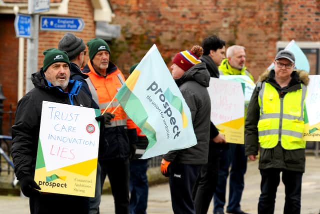 Dockyard workers who work for Serco Maritime were on strike on Monday, February 3, 2025. The industrial action is taking place amid ongoing negotiations between the Ministry of Defence and Serco over a £250m reduction in the afloat services contract. 

Pictured is: (left) Gary Grainger, fuel supervisor on a coastal tanker with Serco. 

Picture: Sarah Standing (030225-1989)