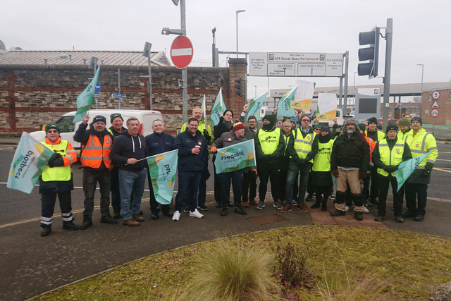 Dockyard workers - members of the Prospect union - striking outside HMNB Portsmouth on February 3.