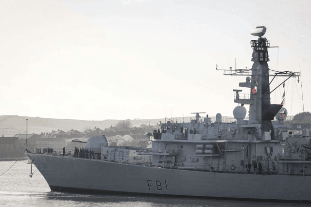 HMS Sutherland, a Duke-class Type 23 frigate, has undergone extensive upgrades and has returned to sea after four years away. She is pictured sailing from Devonport, Plymouth.