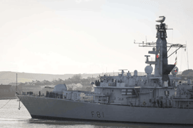 HMS Sutherland, a Duke-class Type 23 frigate, has undergone extensive upgrades and has returned to sea after four years away. She is pictured sailing from Devonport, Plymouth.