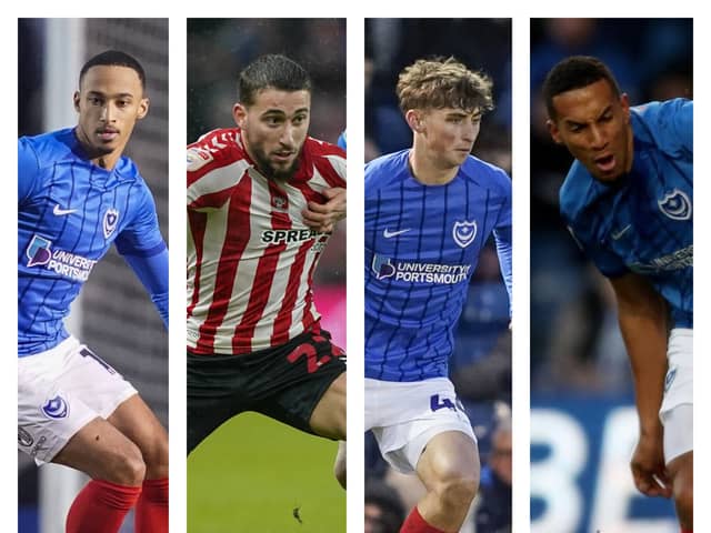 Pompey signings (from left to right) Cohen Bramall, Adil Aouchiche, Hayden Matthews and Isaac Hayden
