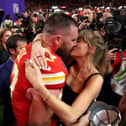 Will Travis Kelce propose to Taylor Swift during Superbowl Halftime? : Travis Kelce #87 of the Kansas City Chiefs and Taylor Swift embrace after defeating the San Francisco 49ers in overtime during Super Bowl LVIII at Allegiant Stadium on February 11, 2024 in Las Vegas, Nevada. Photo: Ezra Shaw/Getty Images