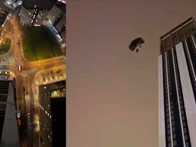 Base jumper parachutes off 500ft skyscraper.