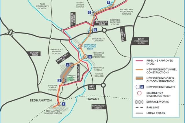 The route map for the new twin pipeline for taking springwater to and from Havant Thicket Reservoir and Bedhampton Springs