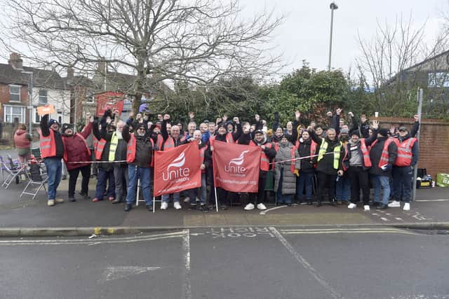 Strikers outside Fareham Bus Station. Picture: Sarah Standing (040225-9227)