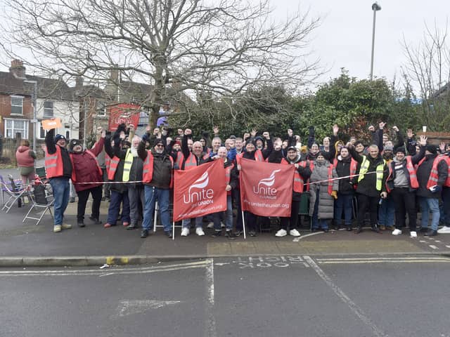 Strikers outside Fareham Bus Station. Picture: Sarah Standing (040225-9227)