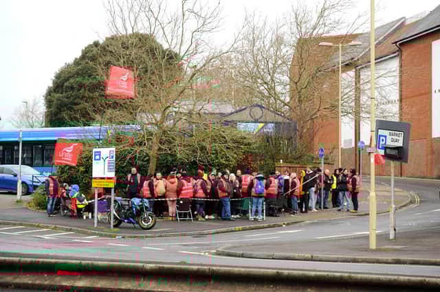 Strikers outside Fareham Bus Station. Picture: Sarah Standing (040225-2055)