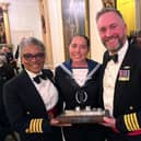Lord Lt of Bristol Capt Peaches Golding with LMA Sara Young and  Capt Will Blackett. LMA Sara Young has been named as the flagship's sailor of the year.