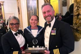 Lord Lt of Bristol Capt Peaches Golding with LMA Sara Young and  Capt Will Blackett. LMA Sara Young has been named as the flagship's sailor of the year.