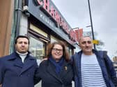 Bunyamin Dogan and Claire Wenden of Charcoal Grill, with brother-in-law Ecevit Algul (right) who recently opened Portchester Kebab.