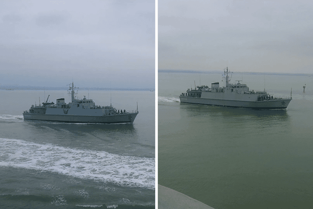 The Ukrainian Navy ships Chernihiv and Cherkasy sailing into Portsmouth on February 11, 2025. The former Royal Navy minehunters, HMS Shoreham and HMS Grimsby, were donated to the Ukrainian Navy last year.