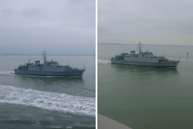 The Ukrainian Navy ships Chernihiv and Cherkasy sailing into Portsmouth on February 11, 2025. The former Royal Navy minehunters, HMS Shoreham and HMS Grimsby, were donated to the Ukrainian Navy last year.