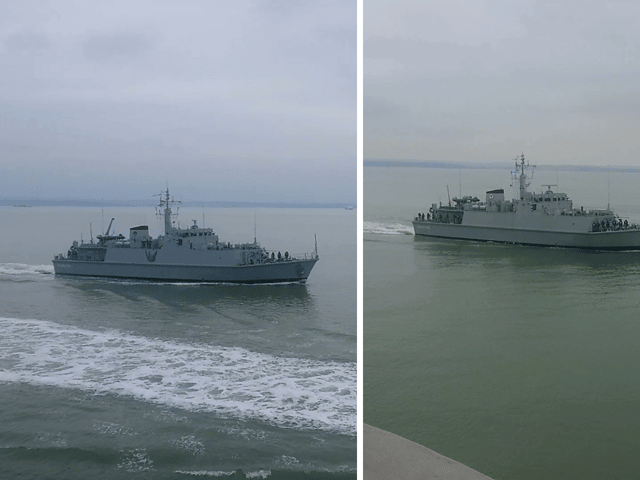 The Ukrainian Navy ships Chernihiv and Cherkasy sailing into Portsmouth on February 11, 2025. The former Royal Navy minehunters, HMS Shoreham and HMS Grimsby, were donated to the Ukrainian Navy last year.