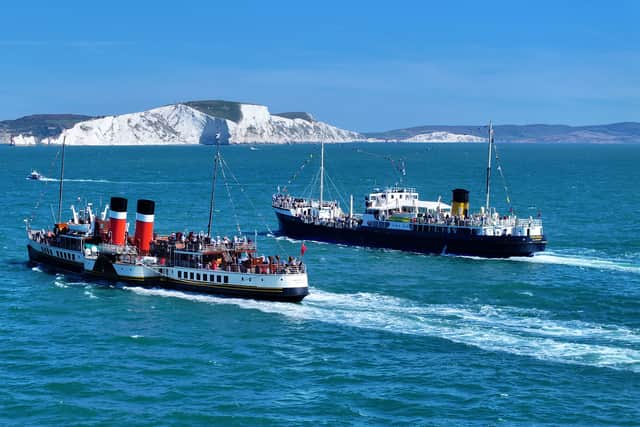 SS Shieldhall will be visiting Portsmouth soon for VE and VJ Day, but will also be sailing to the Isle of Wight from Southampton alongside PS Waverley. Pictured is Steamship Shieldhall and PS Waverley passing the Needles in 2023.