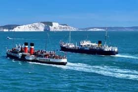 SS Shieldhall will be visiting Portsmouth soon for VE and VJ Day, but will also be sailing to the Isle of Wight from Southampton alongside PS Waverley. Pictured is Steamship Shieldhall and PS Waverley passing the Needles in 2023.