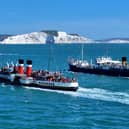 SS Shieldhall will be visiting Portsmouth soon for VE and VJ Day, but will also be sailing to the Isle of Wight from Southampton alongside PS Waverley. Pictured is Steamship Shieldhall and PS Waverley passing the Needles in 2023.