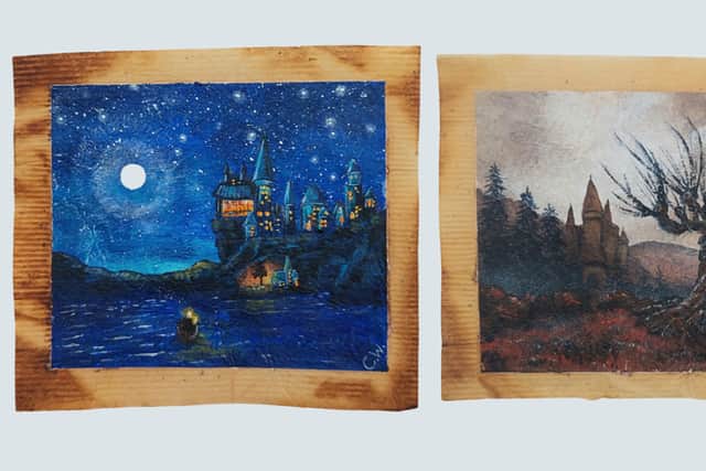 Hogwarts (left) and The Whomping Willow by Caroline West from her Harry Potter inspired tea bag art. 

 Photo credit should read: Caroline West/PA Wire