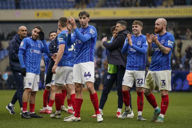 Pompey's Hayden Matthews, centre, earned the praise of John Mousinho after his man-of-the-match performance at Oxford United.