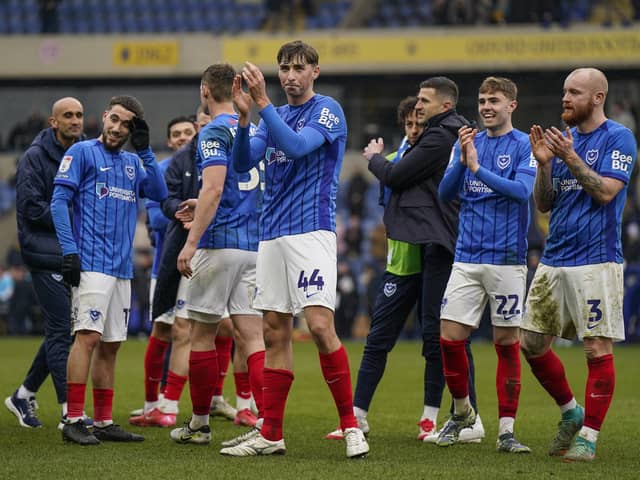 Pompey's Hayden Matthews, centre, earned the praise of John Mousinho after his man-of-the-match performance at Oxford United.