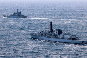HMS Iron Duke escorting a Russian warship Alexander Otrakovsky through the English Channel.