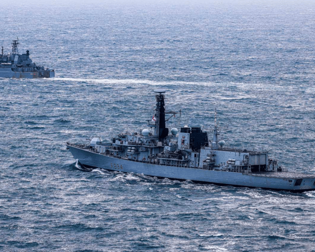 HMS Iron Duke escorting a Russian warship Alexander Otrakovsky through the English Channel.