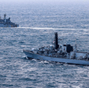 HMS Iron Duke escorting a Russian warship Alexander Otrakovsky through the English Channel.