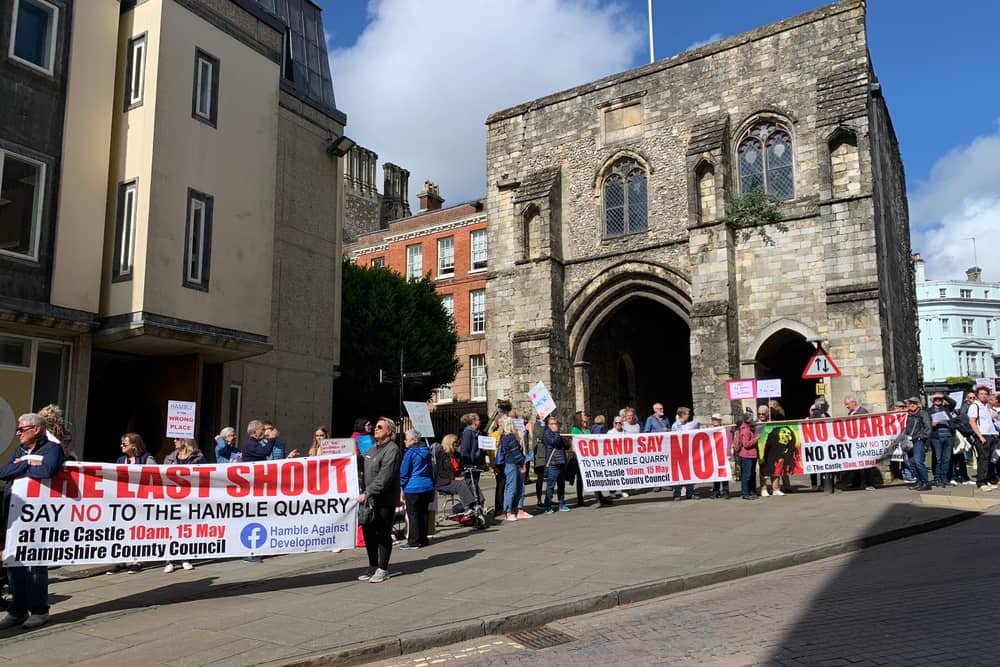 Those against Cemex's quarry plans for Hamble Airfield protested in Winchester ahead of the decision-making Hampshire County Council meeting in May 2024