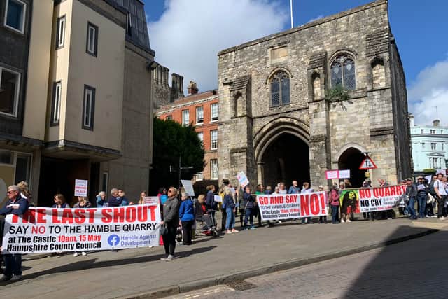 Those against Cemex's quarry plans for Hamble Airfield protested in Winchester ahead of the decision-making Hampshire County Council meeting in May 2024