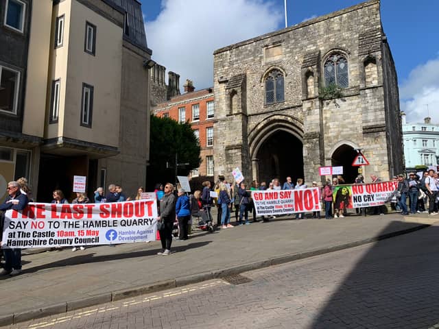 Those against Cemex's quarry plans for Hamble Airfield protested in Winchester ahead of the decision-making Hampshire County Council meeting in May 2024