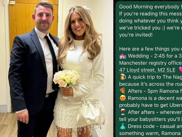 Couple surprise wedding guests with WhatsApp invite on the day.