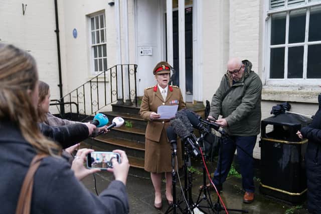 Brigadier Melissa Emmett, the head of the Army Personnel Services Group, reads a statement on behalf of the Army outside the Wiltshire and Swindon Coroner's Court in Salisbury, after the coroner gave their conclusion at inquest of teenage soldier, Royal Artillery Gunner Jaysley Beck, 19, who was found dead at Larkhill Camp in Wiltshire in December 2021.