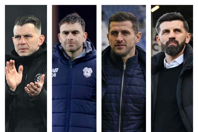 From left to right: Luton’s Matt Bloomfield, Cardiff’s Omer Riza, Pompey’s John Mousinho and Plymouth’s Miron Muslic.
