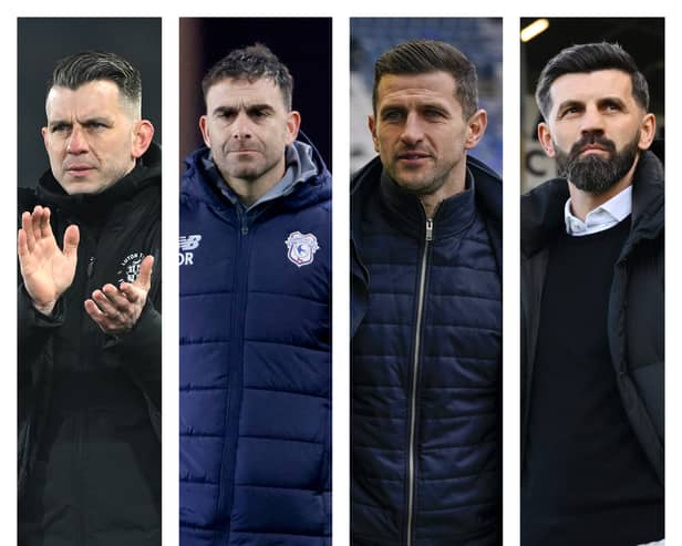 From left to right: Luton’s Matt Bloomfield, Cardiff’s Omer Riza, Pompey’s John Mousinho and Plymouth’s Miron Muslic.
