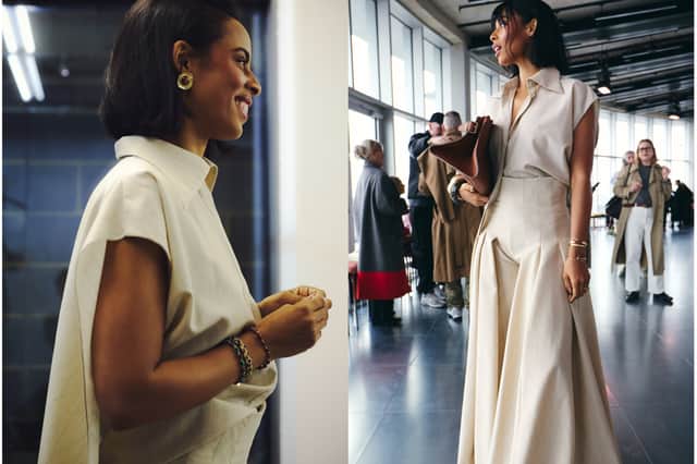 Rochelle Humes at the ROKSANDA LFW A/W show on February 23, showcasing an outfit from the designer’s extensive archive that has been renewed with Dylon Detergent.