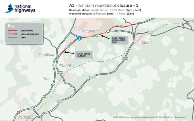 Southbound carriageway closure between Longmoor Interchange and Ham Barn Roundabout. Local access only between Liphook Interchange and Longmoor Interchange.
This closure will take place between 9pm on Friday, February 28 and 6am on March 3.