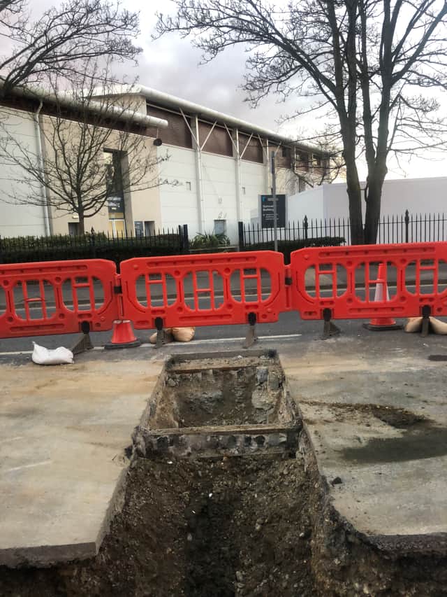 Tramlines and pieces of stone from Portsmouth’s historic ramparts exposed in Cambridge Road. Picture: Deane Clark  