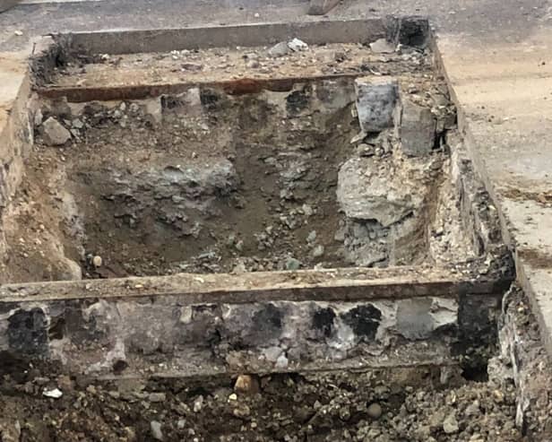 Tram lines and stone underneath the concrete in Cambridge Road, Portsmouth