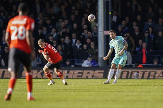 Marlon Pack heads clear a Luton attack in Pompey's 1-0 defeat. Picture: Jason Brown/ProSportsImages