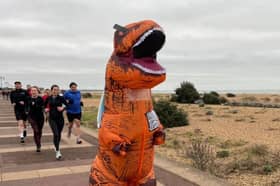 Arnie Delstanche is taking on a marathon in Norway in June for Cancer Research UK - dressed as a T-Rex