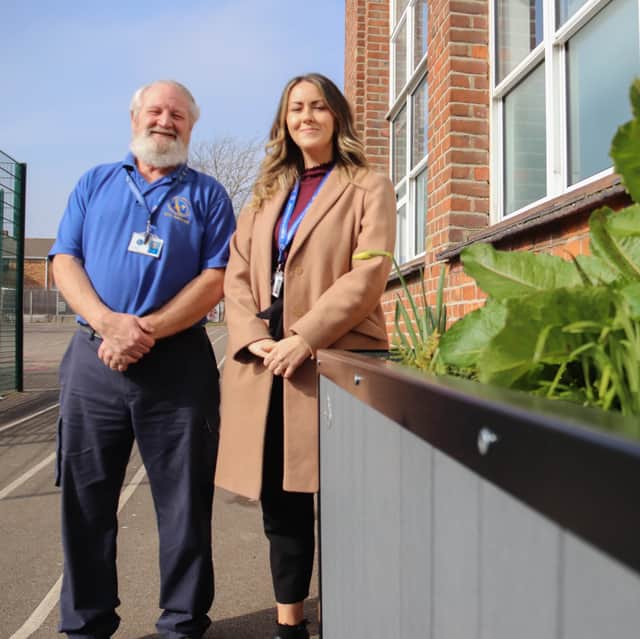 Site manager, David Bates and School business manager, Hannah Bonwick at St. John's CE Primary School Gosport. They received SuDS from Southern Water to help with drainage on the site.