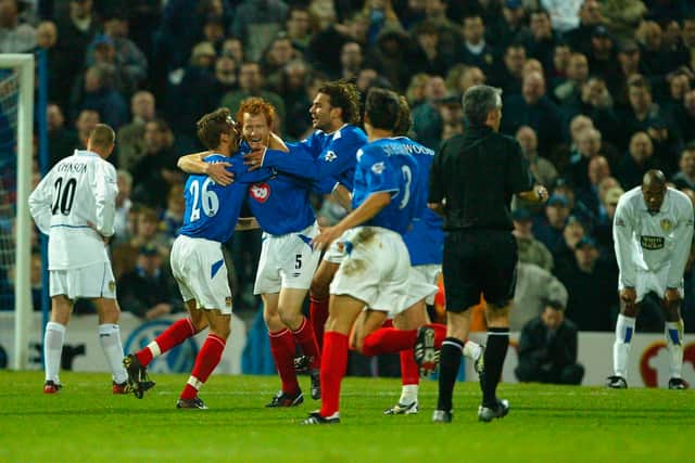 Hayden Foxe celebrates a Premier League goal against Leeds in 2003.