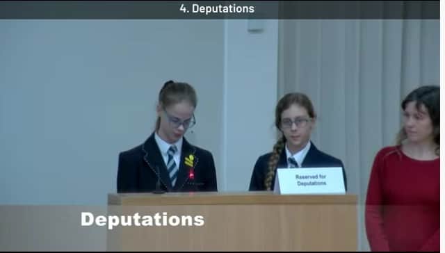 Matilda and Charlotte speaking at Hampshire County Council select committee in regards to the proposal to close Stubbington Study Centre
