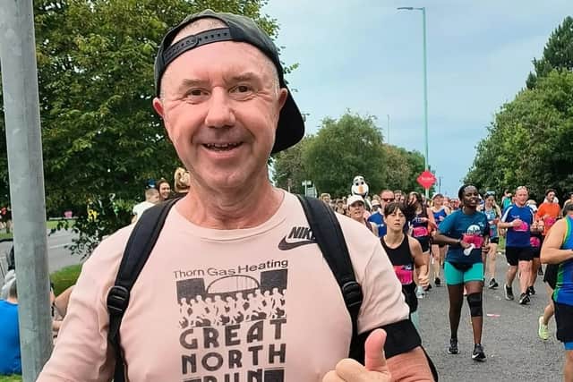 Gary doing the 2024 Great North Run in his 1981 T shirt.