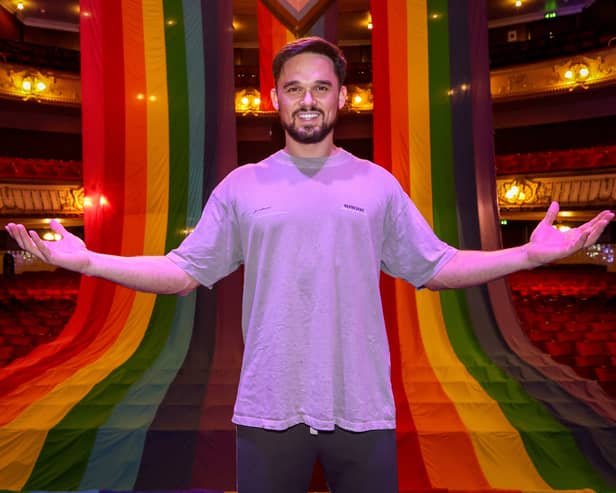 Gareth Gates with two huge Pride flags at Kings Theatre, Southsea. 

Picture: Chris Moorhouse (080325-40)