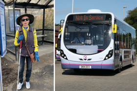 Patricia Clements, left, and a First Hampshire bus at Fareham Bus Station