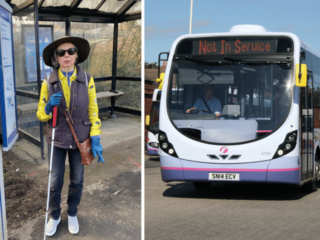 Patricia Clements, left, and a First Hampshire bus at Fareham Bus Station