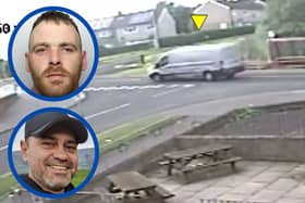 Ross (pictured top inset) was found guilty of murder after  purposely crashing into a parked car to kill Claudiu-Carol Kondor (pictured bottom inset) who was hanging onto the door of his own van to prevent it from being stolen. 